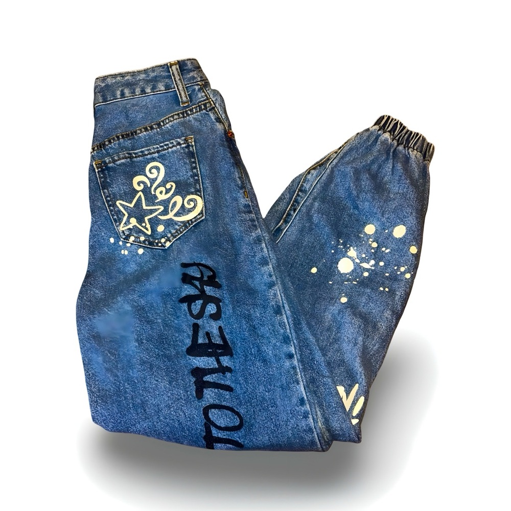 SONG Jeans Graffiti Jogger Size 0 High Rise Baggy Blue Denim Elastic Ankle